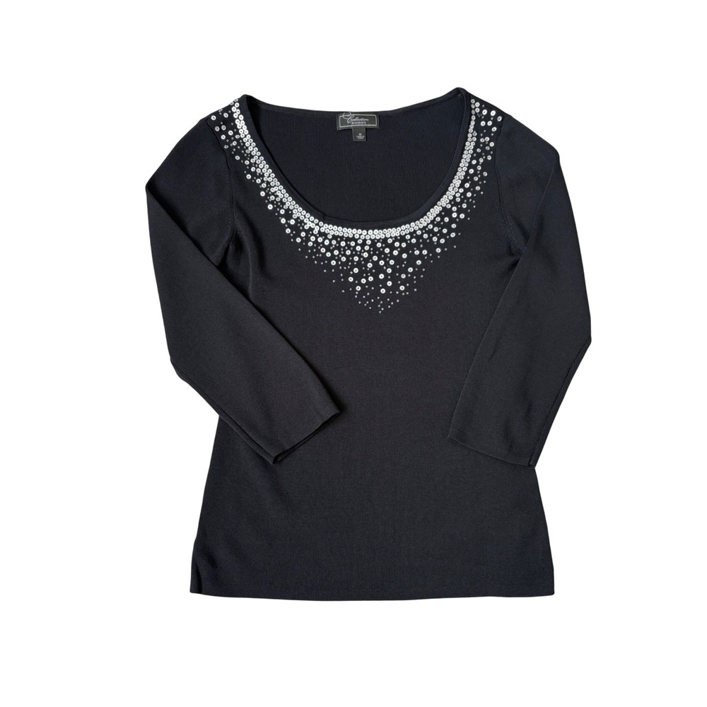 Dressbarn Collection 2000s Revival Glam Black Sequin Scoop Neck 3/4 Sleeve M